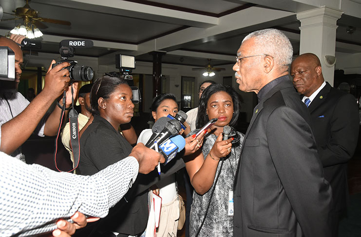 President David Granger responding to questions from journalists on
the United Nations’ ruling on the territorial controversy between Guyana
and Venezuela at State House on Wednesday (Adrian Narine photo)