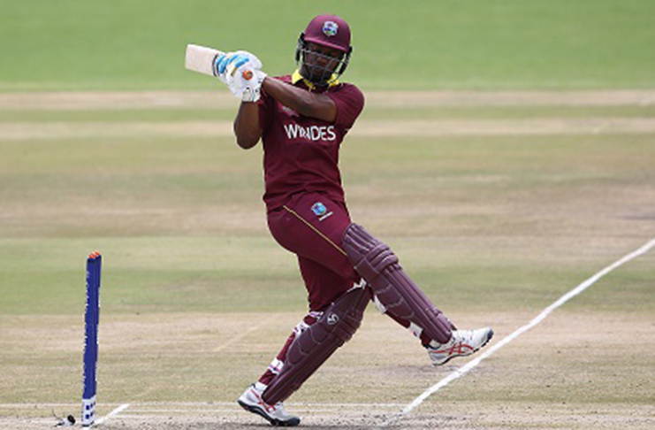 Opener Evin Lewis pulls during his top score of 84 against the Netherlands yesterday. (Photo courtesy ICC Media)