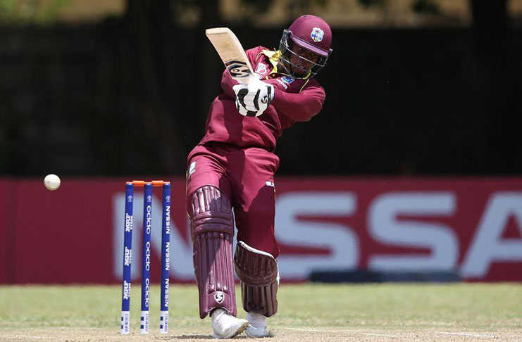 Shimron Hetmyer goes on the attack during his 127 against UAE yesterday. (Photo courtesy ICC)