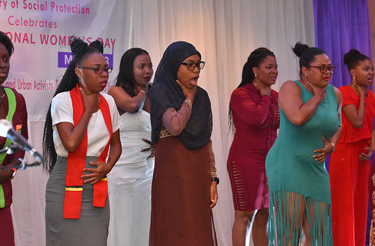 An all-female group of choral presenters address the negative stereotypes affecting women and expressed their desire to
reach for greatness nonetheless at the “I am Woman” cultural programme held at Parc Rayne Inn, Rahaman's Park, Houston,
East Bank Demerara on Thursday (Samuel Maughn photo)