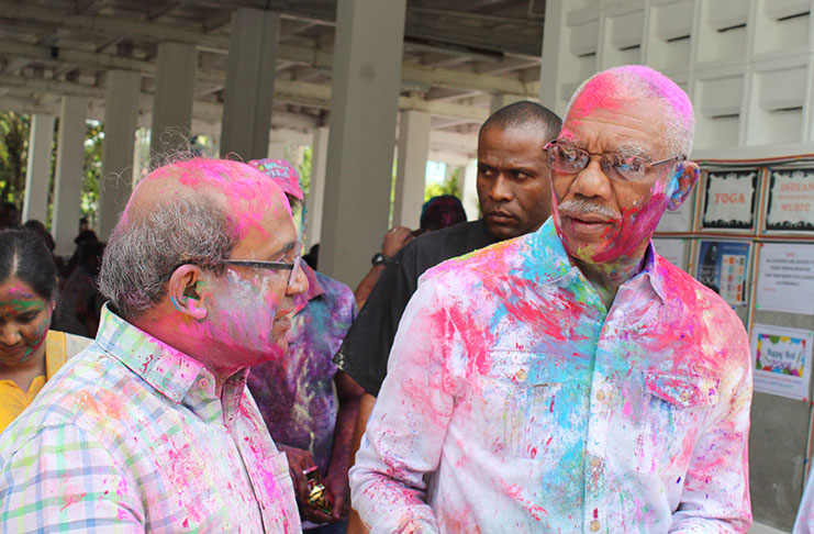 President David Granger and Indian High Commissioner to Guyana Venkatachalam Mahalingam, engage in a conversation at the Indian Cultural Centre (ICC) after the Phagwah celebrations 
(Vishani Ragobeer photos)