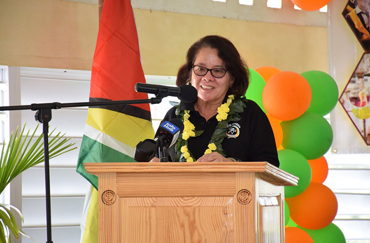 First Lady Sandra Granger delivering the feature address during the launch of the STEM Pilot Programme in Bartica