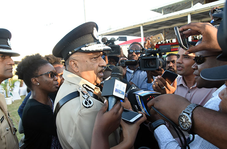 Outgoing Police Commissioner, Seelall Persaud speaks with the media after his farewell parade held Wednesday at the Police Sports Club ground, Eve Leary, Georgetown. (Adrian Narine photo)