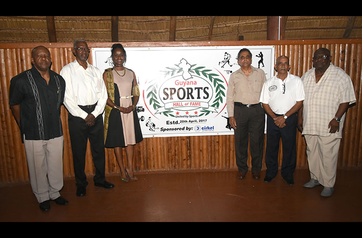From left: Director of Tourism Donald Sinclair, Guyana Sports Hall of Fame Board member Grantley Culbard, Deputy Director of Sport Melissa Dow-Richardson, Committee member Ronald Williams, Chair Rayman Williams and Claude Raphael. (Adrian Narine photos)