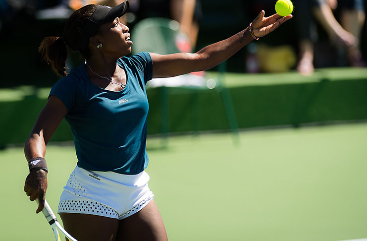 Sachia Vickery about to serve against Ashley Kratzer at the Indian Wells yesterday