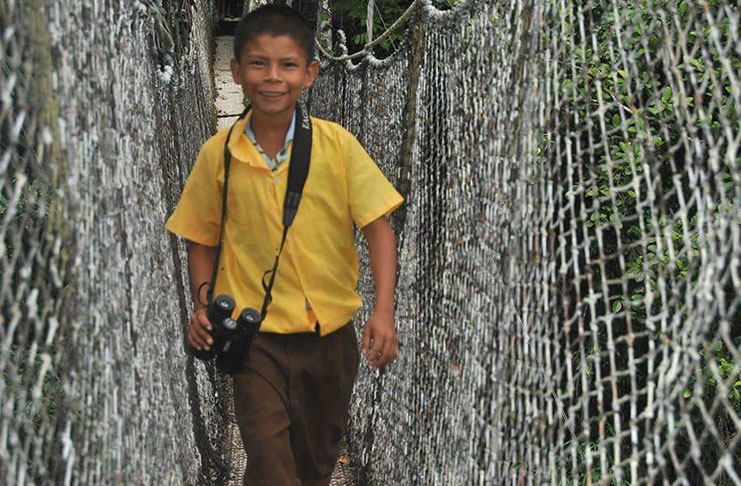 This Kurupukari student was armed with binoculars and bravely trekked across the Canopy during a tour of the Iwokrama Centre for Rain Forest Conservation and Development.