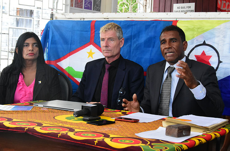 Representatives from Bonaire and Sint Eustatius address the media at Red Thread – Guyana on Monday.From the left are: President of the We Dare to Care Foundation,Davika Bissessar; representative of the Brighter Path Foundation, Koert Kerrhoff and President of Nos Ke Boneiru Bek (We Want Bonaire Back) Foundation, James Finies (Photo by Adrian Narine)