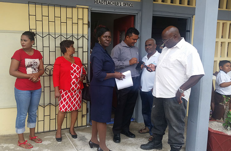 The team headed by Region Two Chairman Devanand Ramdatt, visited the C.V Nunes Primary School on Monday. In picture are also RDC councillors Arnold Adams, Hardat Narine and Acting REDO, Nicola Matthews.