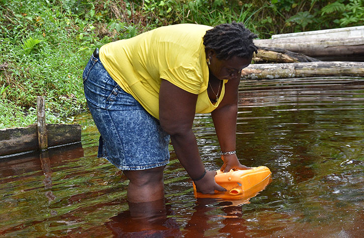 Neisha McGarrell collecting water from the creek at Circuitville