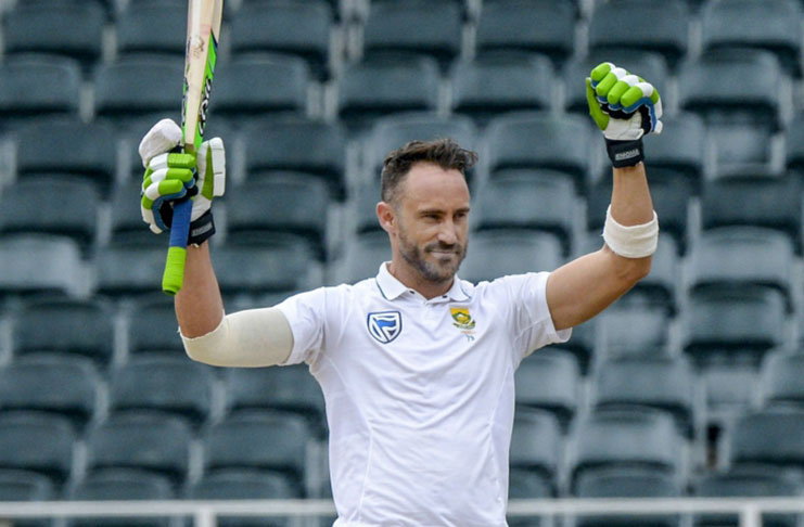 Skipper Faf du Plessis raised his arms to celebrate his first Test century since October 2016. (AFP)