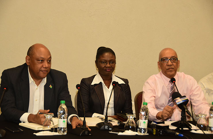 Minister of Natural Resources Raphael Trotman, General Manager of the Guyana Gold Board, Eondrene Thompson and the Guyana Gold Board Chairman, Gabriel Lall (Photo by Adrian Narine)