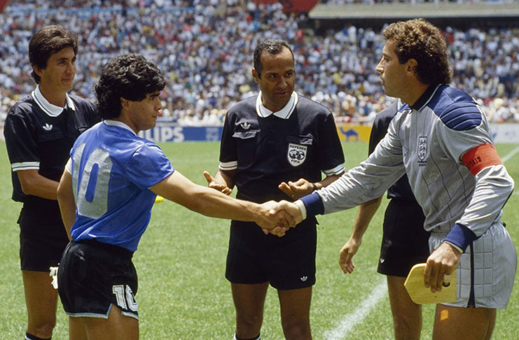 England captain Peter Shilton shakes hands with Argentina captain, Diego Maradona