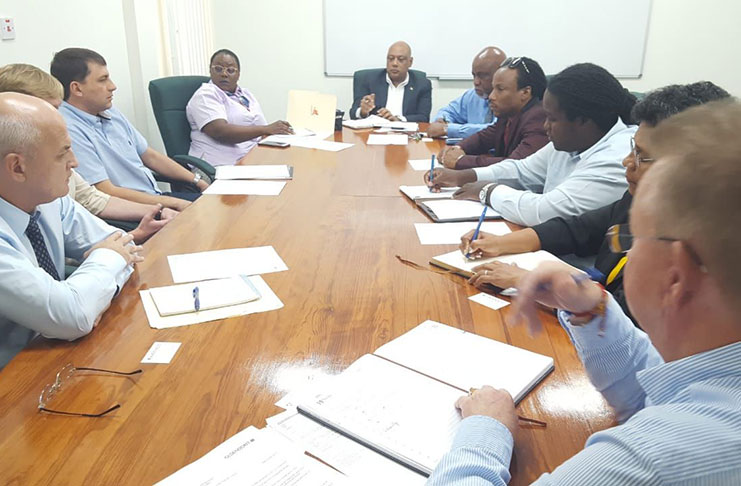 Ministers of Natural Resources Raphael Trotman and Simona Broomes along with parliamentarians Audwin Rutherford and Jermain Figueira in meeting Friday with RUSAL and Olendorff officials Friday (Photo courtesy DPI)