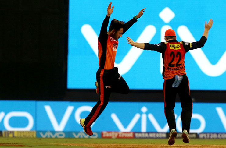 Rashid Khan and Kane Williamson leap for joy with Kieron Pollard's wicket. (BCCI)