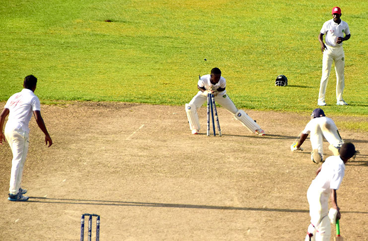 A Select U-17 batsman is run-out at the Everest ground. (Adrian Narine photo)