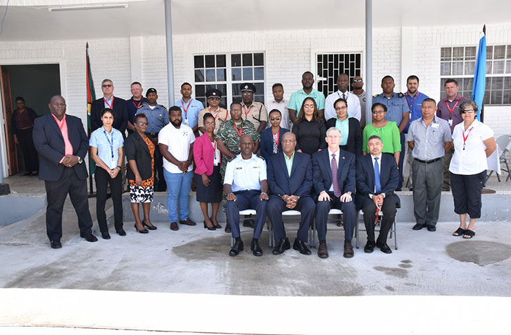 From Left to right: Acting Director-General, Lieutenant Colonel Kester Craig; Minister of State, Mr. Joseph Harmon; Country Manager of Esso Exploration and Production Guyana Limited, Mr. Rod Henson; and Deputy Director of the Petroleum Division MNR, Mr. Nicholas Chuck-A-Sang with participants of the CDC’s Incident Command System Workshop