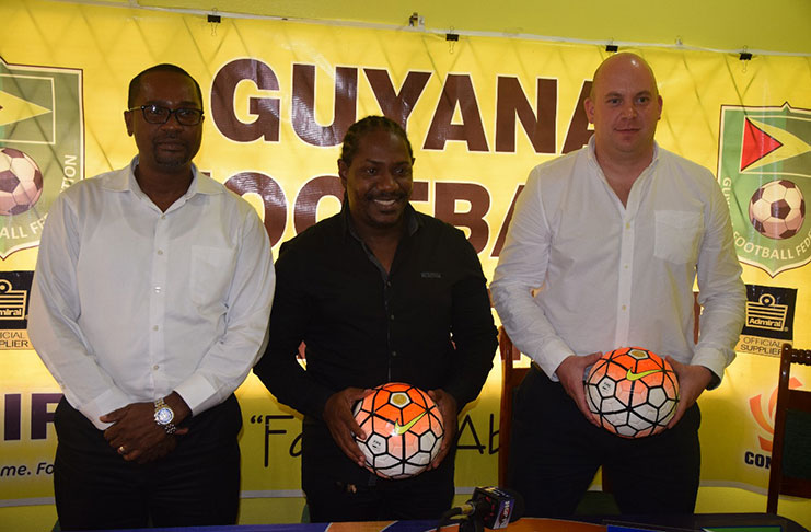 From left, GFF president Wayne Forde, Hits and Jams’ Kerwin Bollers and Technical Director Ian Greenwood