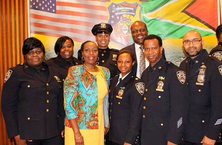NYPD Commanding Officer, Rhonda O’Reilly-Bovell(third from left) stands next to Consul General of Guyana to New York, Barbara Atherly, and other members of GALEA, at a recent Police Headquarters event.