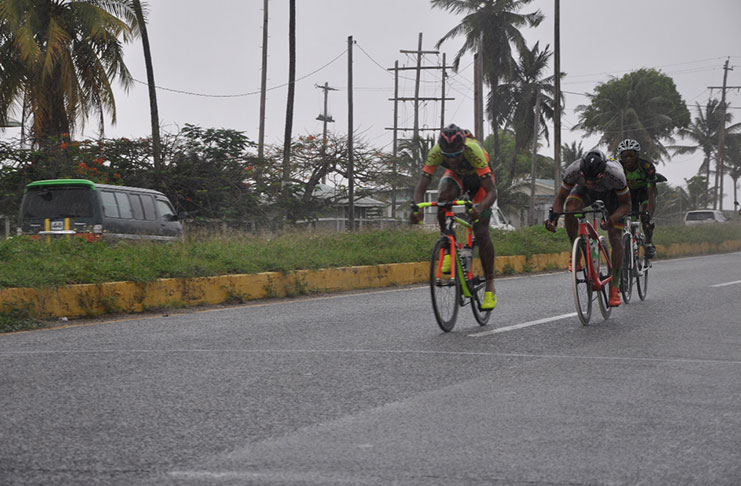 Close finish! Team Coco’s Jamual John does just enough to hold off Evolution’s Paul DeNobrega and Trojan PSL’s Curtis Dey in the first leg of the UWS CC Independence 3-Stage Cycling meet.