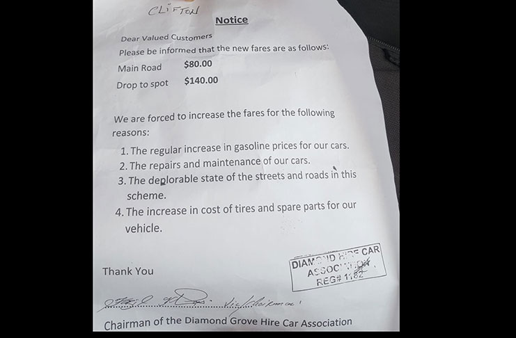 A notice which the hire car drivers have been sharing with passengers at Diamond .