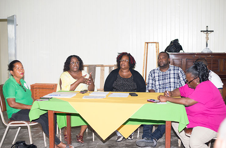 Minister within the Ministry of Natural Resources, Simona Broomes (second left) speaking during the meeting with the National Mining Syndicate. In photo, from left to right: the National Mining Syndicate’s Assistant Secretary, Dana Jones; Minister Simona Broomes; President of the National Mining Syndicate, Cherryl Williams; Vice President, Dr. Troy Duncan; executive member, Michael Bacchus; and Secretary, Carol Nurse. 
Photo by Delano Williams