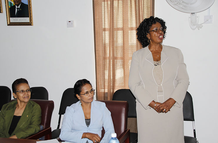 Administrator (ag) of the Unit of Allied Arts, Lorraine Barker-King makes a presentation on Tuesday on the benefits of employing specialist teachers at the primary level (MoE photo)