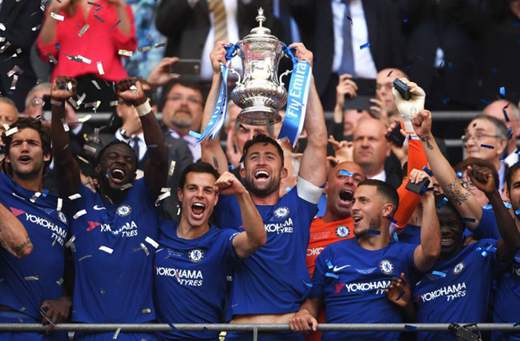 Chelsea lift the FA Cup after a 1-0 victory over Manchester United at Wembley Stadium.