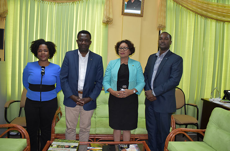 From left: Stacy Lewis-Daniels, FIFA’s Director of Member Associations For Africa and the Caribbean Véron Mosengo-Omba; Minister of Indigenous Affairs Valerie Garrido-Lowe and GFF president Wayne Forde