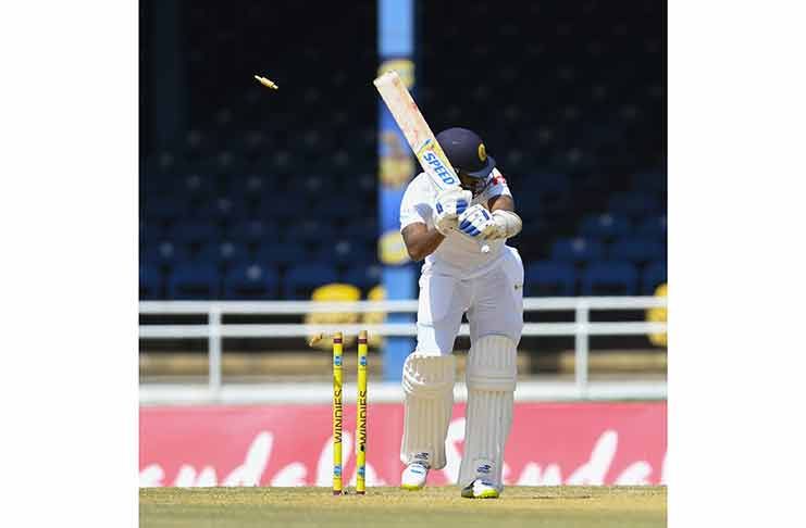 Roshen Silva is bowled on the third day of the first Test between Windies and Sri Lanka yesterday, June 8, 2018 at Queen’s Park Oval. (CWI Media/Randy Brooks of Brooks Latouche Photography)