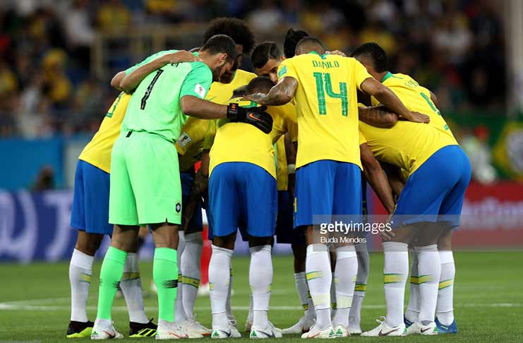 The Brazil players form a team-huddle on the pitch prior to the 2018 FIFA World Cup Russia group E match between Brazil and Switzerland at Rostov Arena on June 17, 2018 in Rostov-on-Don, Russia. (Photo by Buda Mendes/Getty Images)
