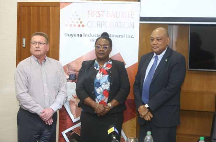 President and CEO of FBX, Alan Roughead; Minister of Natural Resources, Raphael Trotman; and junior Minister Simona Broomes (DPI)