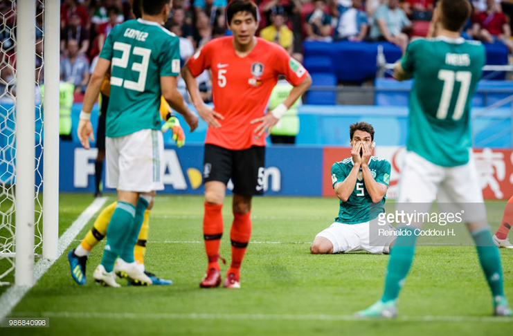 Mats Hummels of Germany reacts during the 2018 FIFA World Cup Russia group F match between Korea Republic and Germany at Kazan Arena on June 27, 2018 in Kazan, Russia. (Photo by Reinaldo Coddou H./Getty Images)