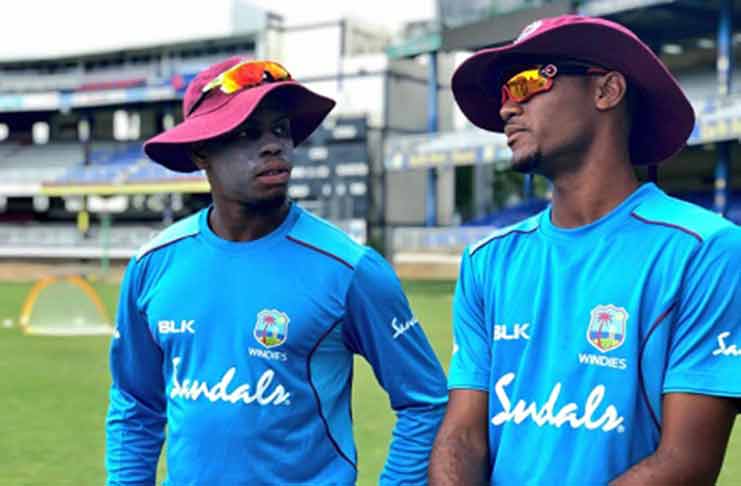 Leading opener Kraigg Brathwaite (right) chats with emerging left-hander Shimron Hetmyer during a training session ahead of the first Test against Sri Lanka. (Photo courtesy CWI Media)