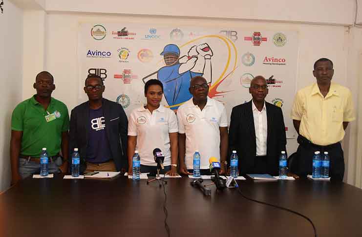 (From left) Gavin Nedd, Warren Wintz, Melissa Davy, Frankie Bob-Semple, Ronald Bostwick and Roger Harper shared the head table during yesterday launching ceremony. (Adrian Narine photo)