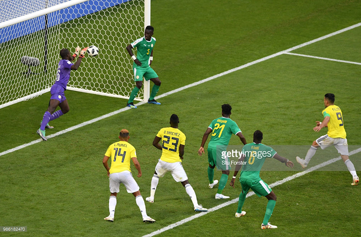 Yerry Mina of Colombia (not pictured) scores his team's first goal past Khadim Ndiaye of Senegal during the 2018 FIFA World Cup Russia group H match between Senegal and Colombia at Samara Arena on June 28, 2018 in Samara, Russia. (Photo by Stu Forster/Getty Images)