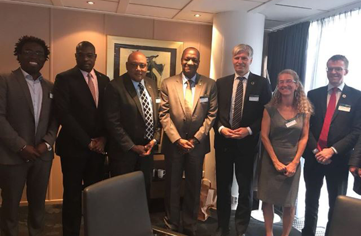 Minister of State Joseph Harmon, Minister of Natural Resources Raphael Trotman, and Minister of Public Infrastructure David Patterson flanked by officials from the Kingdom of Norway, including the Minister of Climate and Environment,Ola Elvestuen