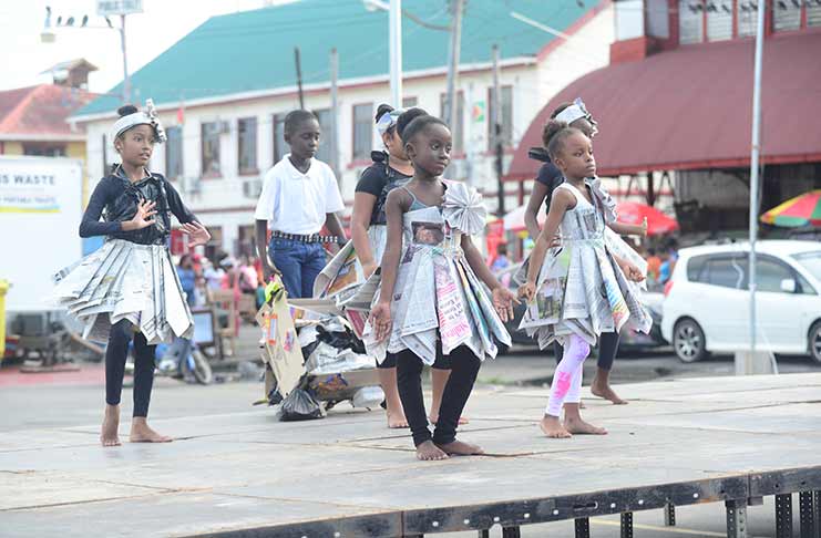 Students of Stella Maris Primary showcase recycling and proper disposal practices through their dance (Delano Williams photo)