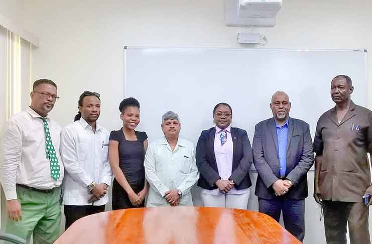 Members of the task force are, from left:  Chief Labour Officer Charles Ogle; Region Ten MP Jermaine Figueira; Secretary Alieca James; Minister within the Ministry of Finance, Jaipaul Sharma; Minister within the Ministry of Natural Resources, Simona Broomes; Region Ten MP Audwin Rutherford; and Trade Unionist Lincoln Lewis