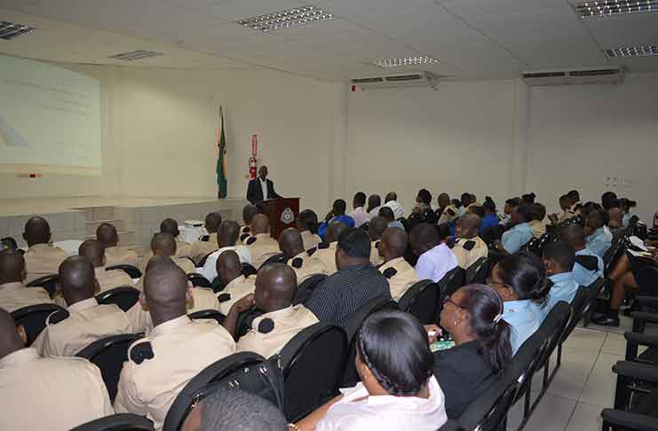 SARA attorney Ronald Bostwick addressing law enforcement recruits and senior policemen on Thursday (Rabindra Rooplall photo)