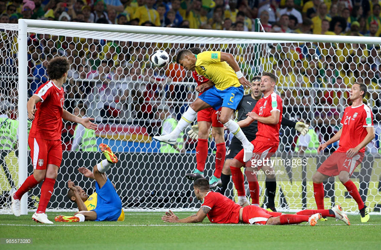 Thiago Silva of Brazil scores the second goal for his team during the 2018 FIFA World Cup Russia group E match between Serbia and Brazil at Spartak Stadium on June 27, 2018 in Moscow, Russia. (Photo by Jean Catuffe/Getty Images)