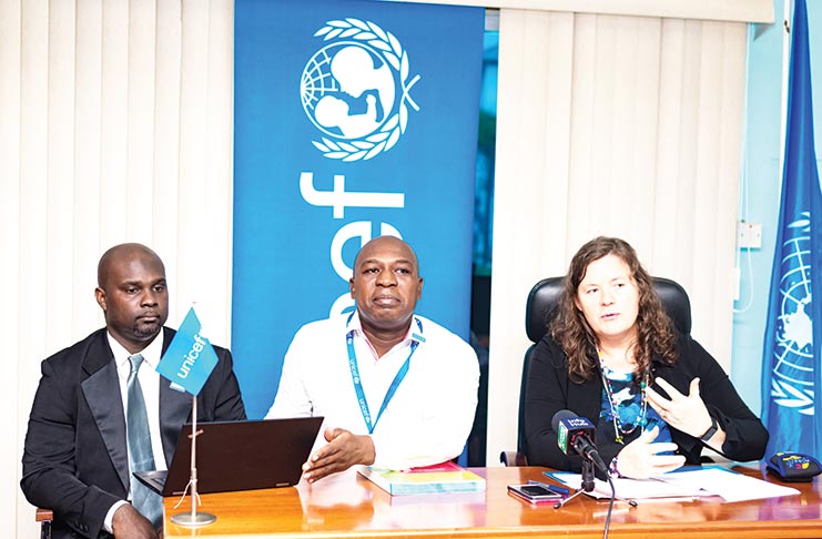 UNICEF Communication Specialist, Frank Robinson; UNICEF Country Representative, Sylvie Fouet; and Monitoring and Evaluation Specialist Michael Gillis (Delano Williams photo)