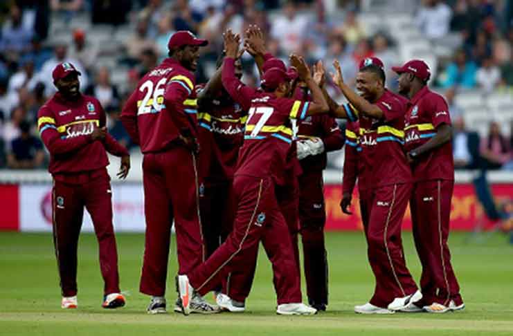 West Indies celebrate a wicket during the Hurricane Relief Twenty20 against the ICC World XI last week, in their first match with Sandals kit branding.