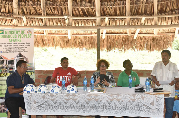 Minister within the Ministry of Indigenous Peoples’ Affairs, Valerie Garrido-Lowe at the meeting at Monkey Mountain, Region Eight (Potaro-Siparuni)