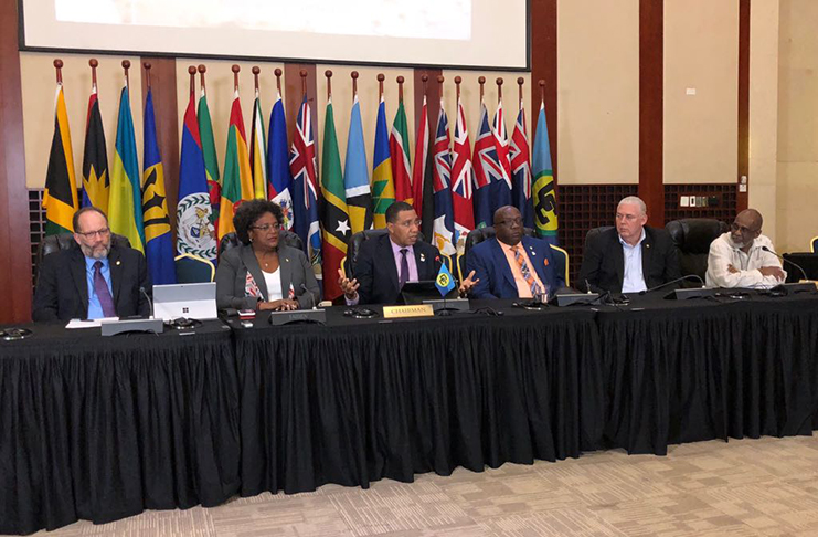 (L-R) CARICOM Secretary-General, Ambassador Irwin LaRocque; Prime Minister of Barbados, Mia Mottley; Chairman of CARICOM, and Prime Minister of Jamaica, Andrew Holness; Prime Minister of St. Kitts and Nevis, Dr. Timothy Harris; and Prime Minister of St. Lucia, Allen Chastenet speaking to journalists at the conclusion of the 39th Conference of Heads of Government in Montego Bay, Jamaica