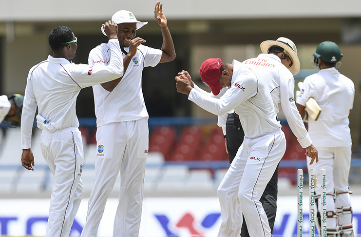 (from left to right) Substitute Keemo Paul, Miguel Cummins and Kieran Powell celebrate West Indies’ victory in the opening Test against Bangladesh. (Photo courtesy CWI Media)