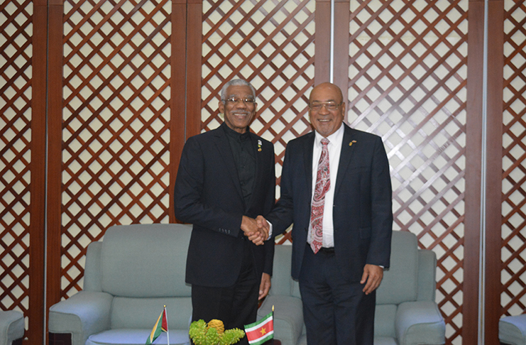 President David Granger and President of Suriname Desi Bouterse at the Montego Bay Convention Centre in Jamaica