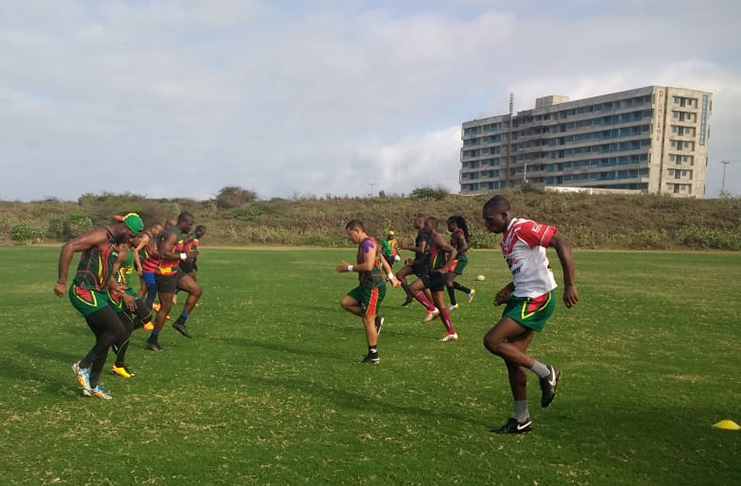 Guyana’s National 7s rugby team during one of their training sessions ahead of today’s showdown in the CAC Rugby Championship