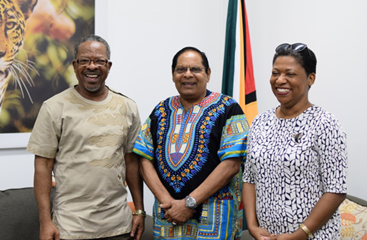 (In the photo, from left) Vice-Chancellor of the University of Guyana, Professor Ivelaw Griffith, Prime Minister Moses Nagamootoo and Deputy Vice-Chancellor, Planning and International Engagement, Dr. Barbara Reynolds