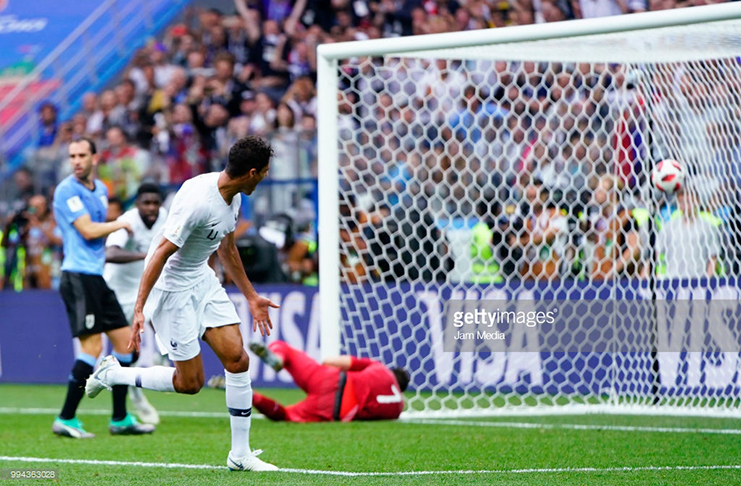 Raphael Varane of France celebrates after scoring first goal of his team during the 2018 FIFA World Cup Russia Quarter Final match between Uruguay and France at Nizhny Novgorod Stadium on July 6, 2018 in Nizhny Novgorod, Russia. (Photo by Carlos Cuin/Jam Media/Getty Images)