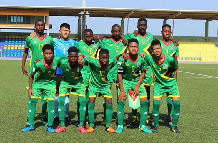 Team Guyana prior to kickoff against Trinidad and Tobago in the CFU Boys U-14 Challenge Series.